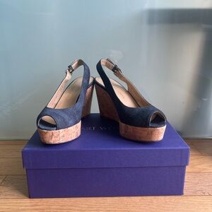 Stuart Weitzman Navy Wedge Sandals